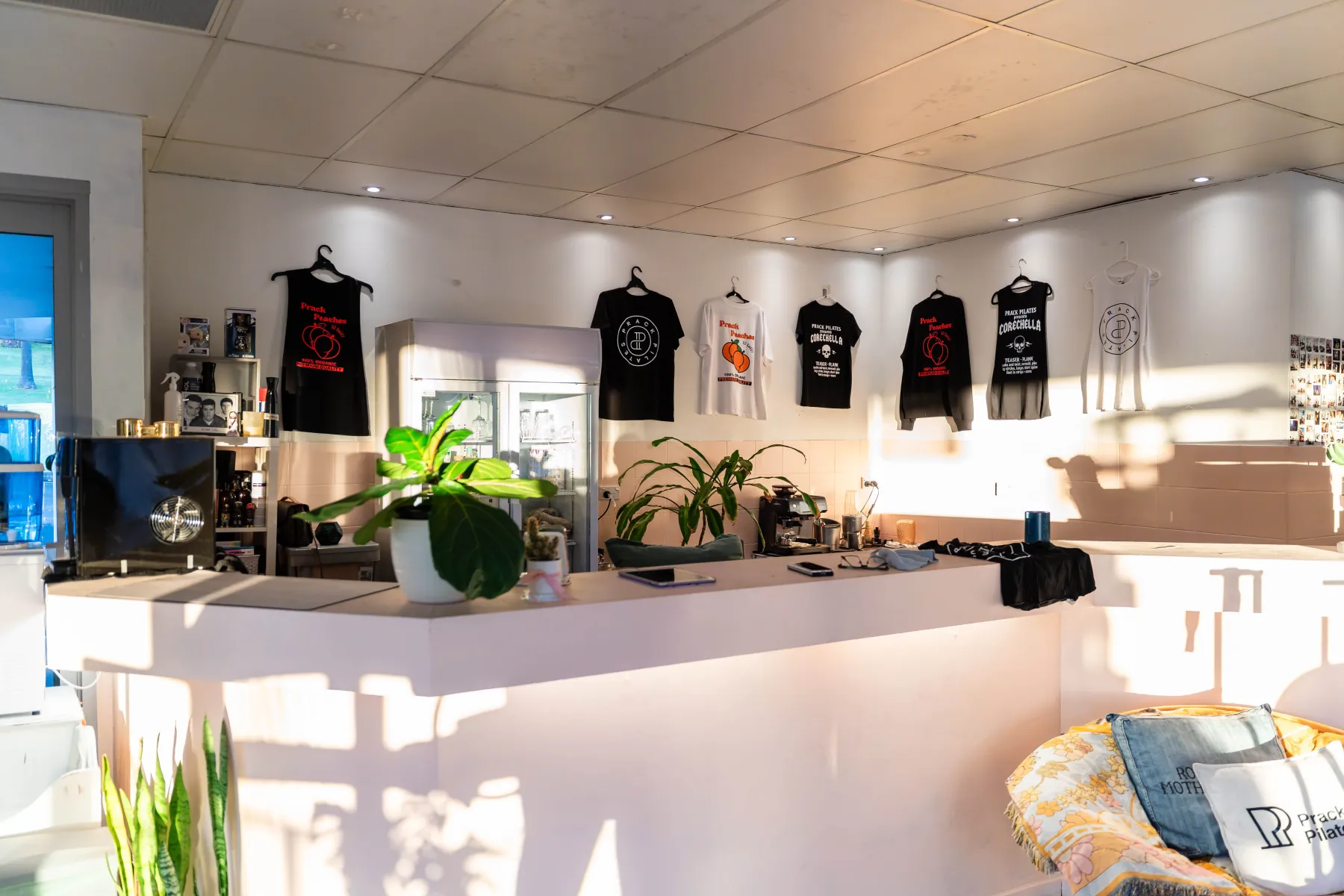 The front desk at Prack Pilates with plants, Prack tees on the wall and afternoon light.